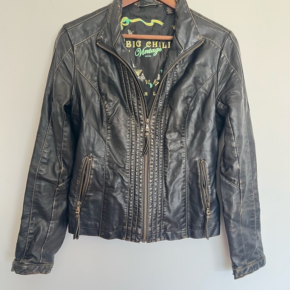 Big Chill Black Leather Motorcycle Jacket with Distressed Texture